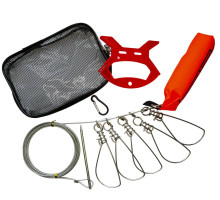 Кукан 5 металевих карабінів срібний тросик з поплавком, тримачем, кілочком в сумці